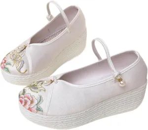2025 Chinese Style Floral Embroidery Flatform Wedge Shoes For Women Lightweight Comfort Casual Ankle Strap Shoes Elegant Satin Cheongsam Hanfu Shoes