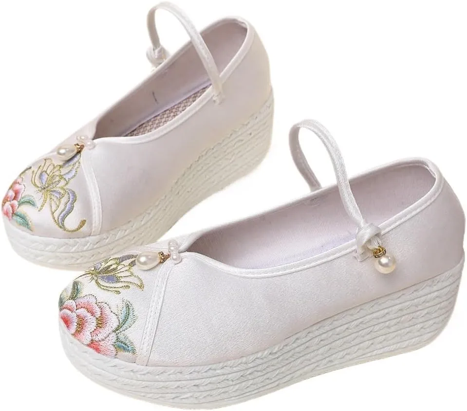 2025 Chinese Style Floral Embroidery Flatform Wedge Shoes For Women Lightweight Comfort Casual Ankle Strap Shoes Elegant Satin Cheongsam Hanfu Shoes