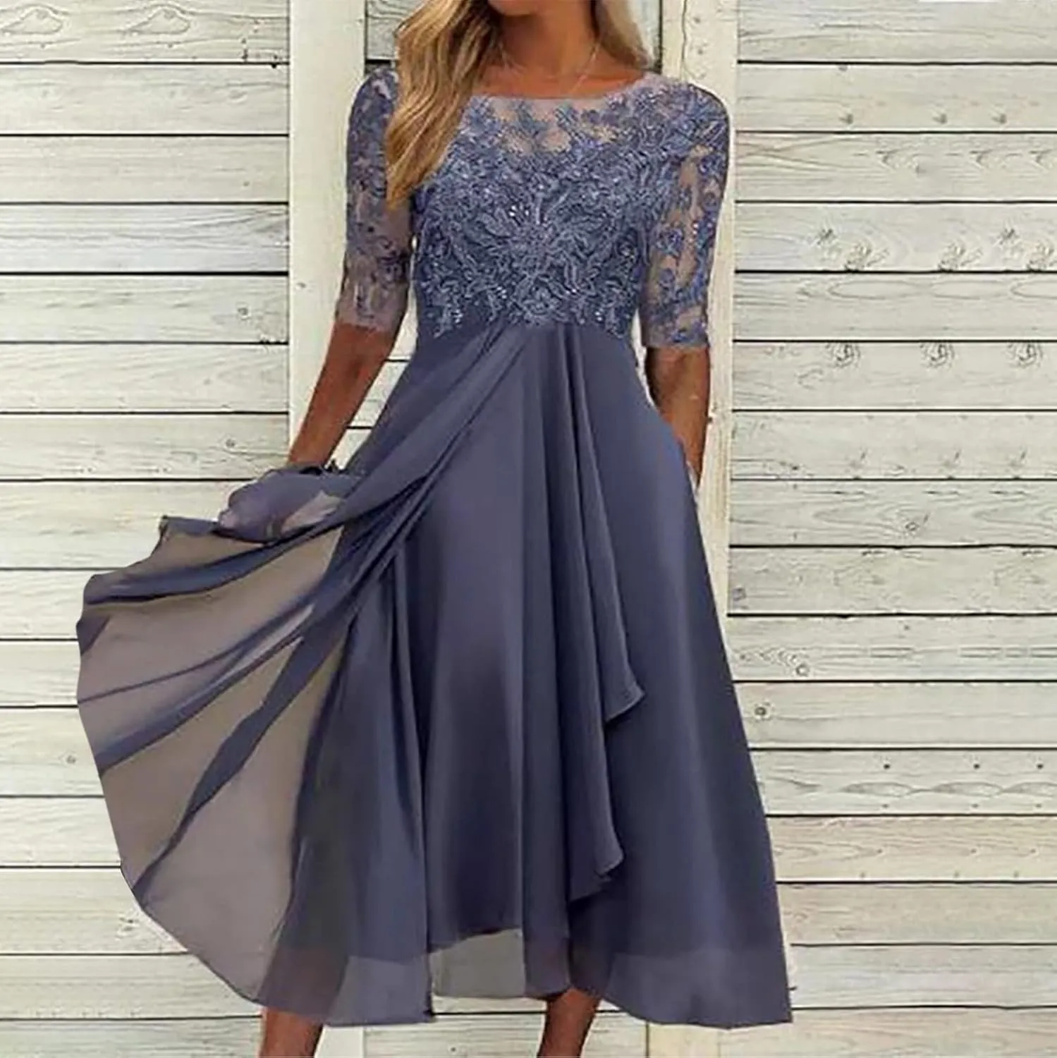 a Line Dresses for Women 2024 Formal Short Sleeve Square Neck Lace Chiffon Party Dresses Elegant Ruffle Swing Dress