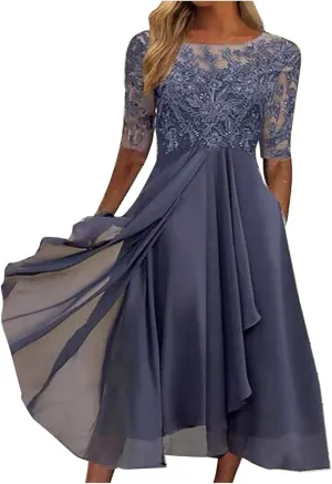 a Line Dresses for Women 2024 Formal Short Sleeve Square Neck Lace Chiffon Party Dresses Elegant Ruffle Swing Dress