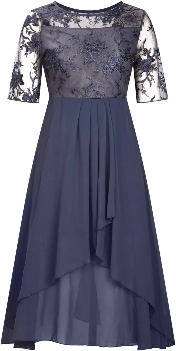a Line Dresses for Women 2024 Formal Short Sleeve Square Neck Lace Chiffon Party Dresses Elegant Ruffle Swing Dress