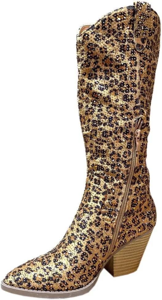 ABSOLEX Women Western Cowgirl Cowboy Pointed Toe Rhinestone Knee High Boots