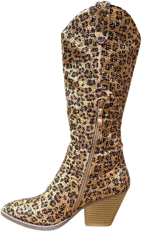 ABSOLEX Women Western Cowgirl Cowboy Pointed Toe Rhinestone Knee High Boots