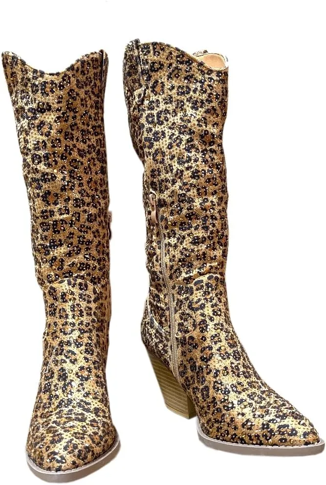 ABSOLEX Women Western Cowgirl Cowboy Pointed Toe Rhinestone Knee High Boots