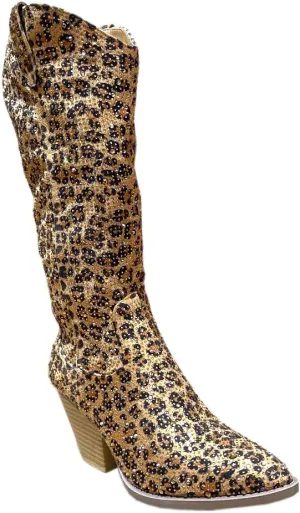ABSOLEX Women Western Cowgirl Cowboy Pointed Toe Rhinestone Knee High Boots