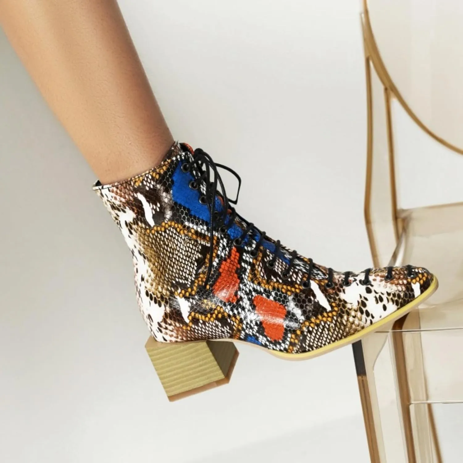 Aflngle Women's Fashion Ankle Boots Square Closed Toe Snakeskin Print Front Lace Up Low Chunky Heel Block Combat Booties