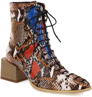 Aflngle Women's Fashion Ankle Boots Square Closed Toe Snakeskin Print Front Lace Up Low Chunky Heel Block Combat Booties