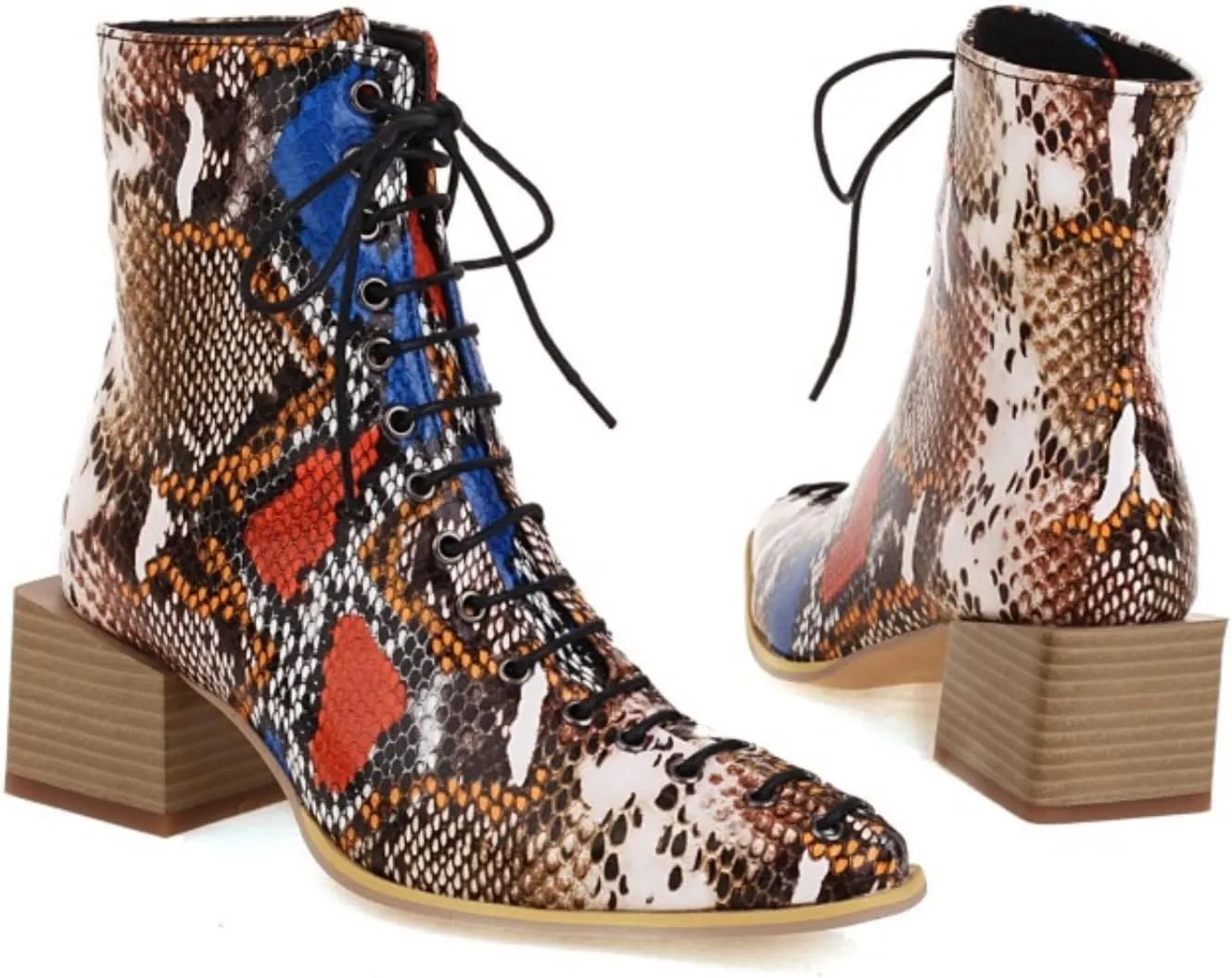 Aflngle Women's Fashion Ankle Boots Square Closed Toe Snakeskin Print Front Lace Up Low Chunky Heel Block Combat Booties