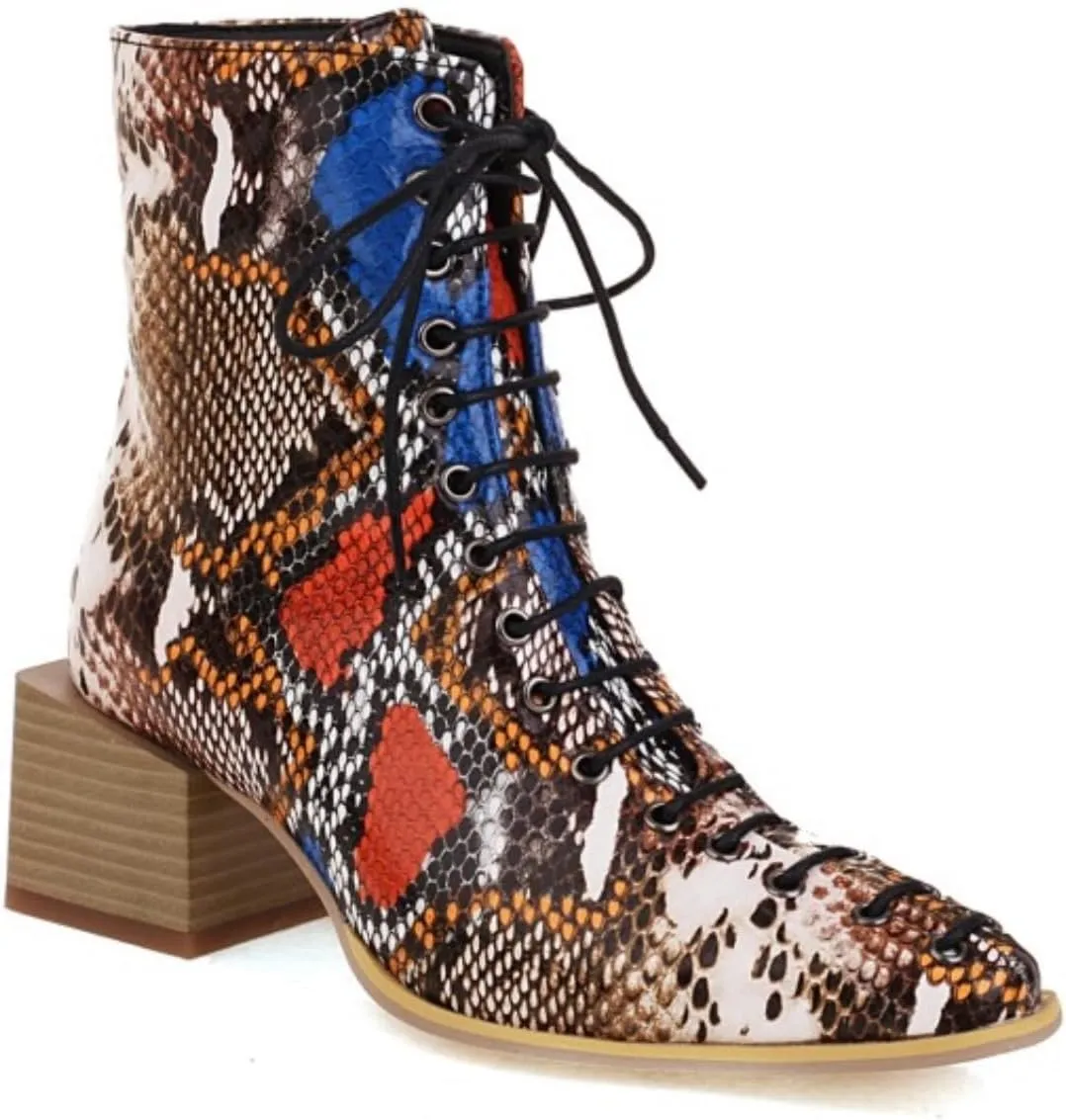 Aflngle Women's Fashion Ankle Boots Square Closed Toe Snakeskin Print Front Lace Up Low Chunky Heel Block Combat Booties