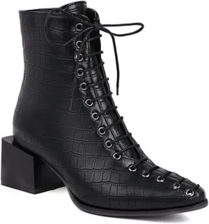 Aflngle Women's Fashion Ankle Boots Square Closed Toe Snakeskin Print Front Lace Up Low Chunky Heel Block Combat Booties