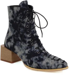 Aflngle Women's Fashion Ankle Boots Square Closed Toe Snakeskin Print Front Lace Up Low Chunky Heel Block Combat Booties
