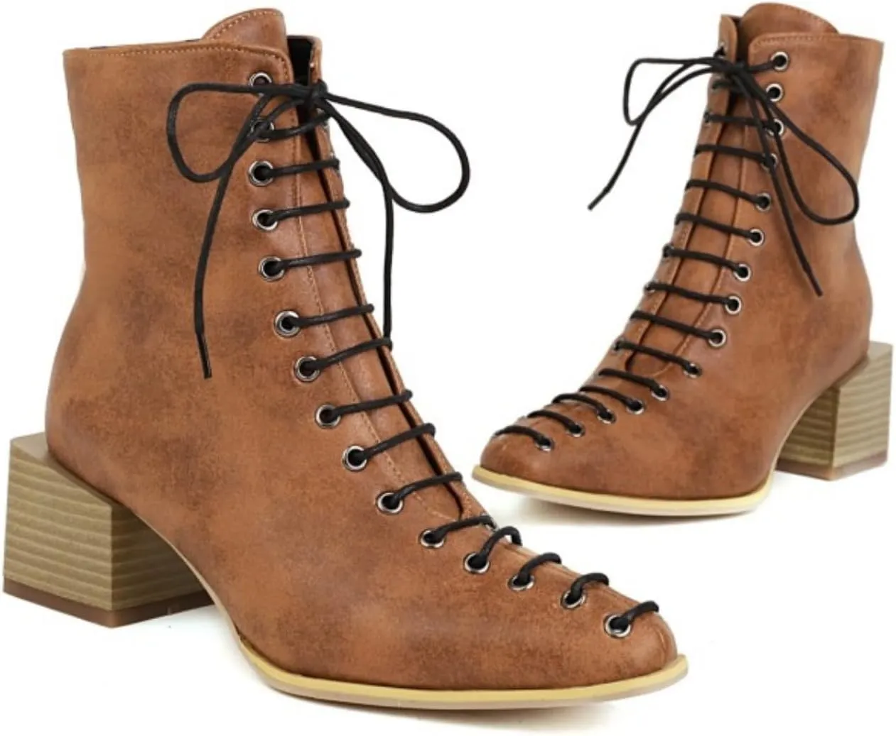 Aflngle Women's Fashion Ankle Boots Square Closed Toe Snakeskin Print Front Lace Up Low Chunky Heel Block Combat Booties