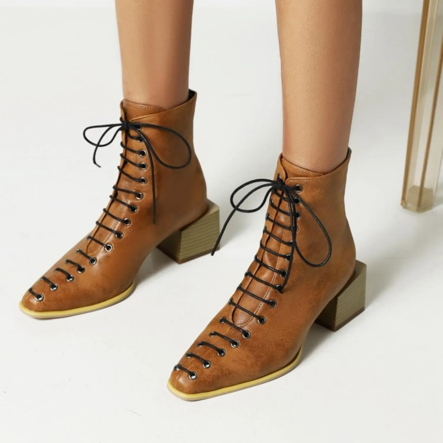 Aflngle Women's Fashion Ankle Boots Square Closed Toe Snakeskin Print Front Lace Up Low Chunky Heel Block Combat Booties