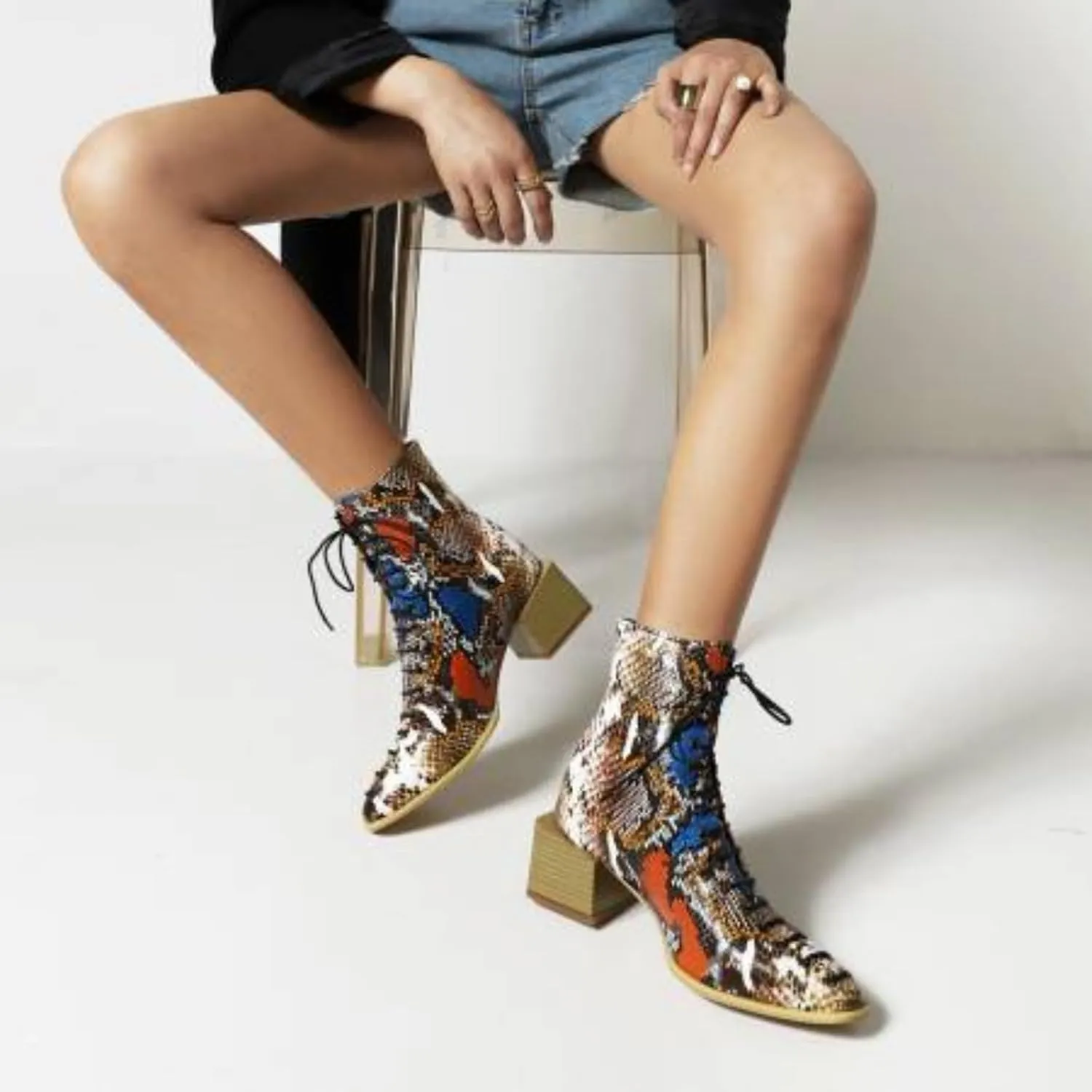 Aflngle Women's Fashion Ankle Boots Square Closed Toe Snakeskin Print Front Lace Up Low Chunky Heel Block Combat Booties