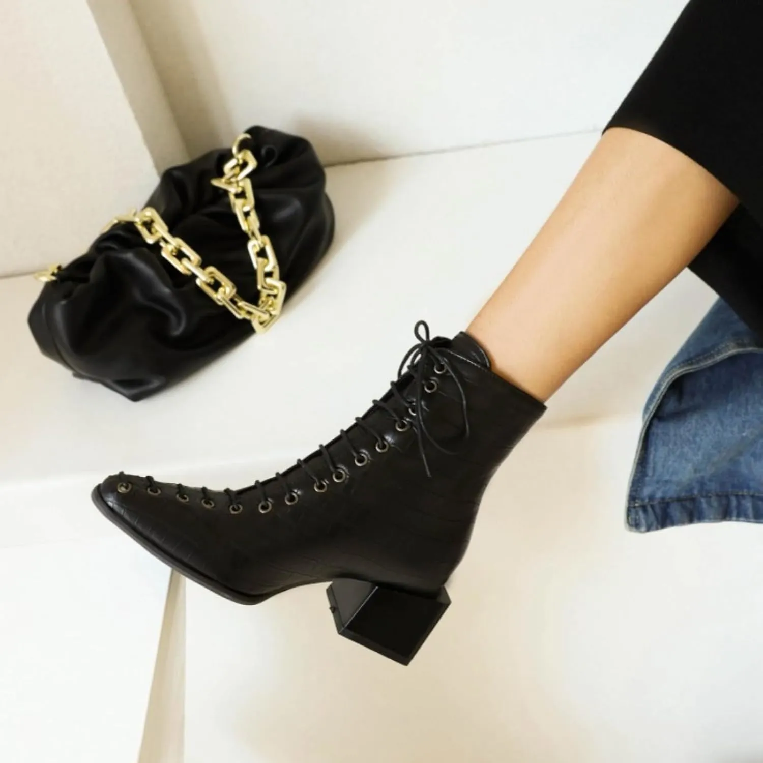 Aflngle Women's Fashion Ankle Boots Square Closed Toe Snakeskin Print Front Lace Up Low Chunky Heel Block Combat Booties