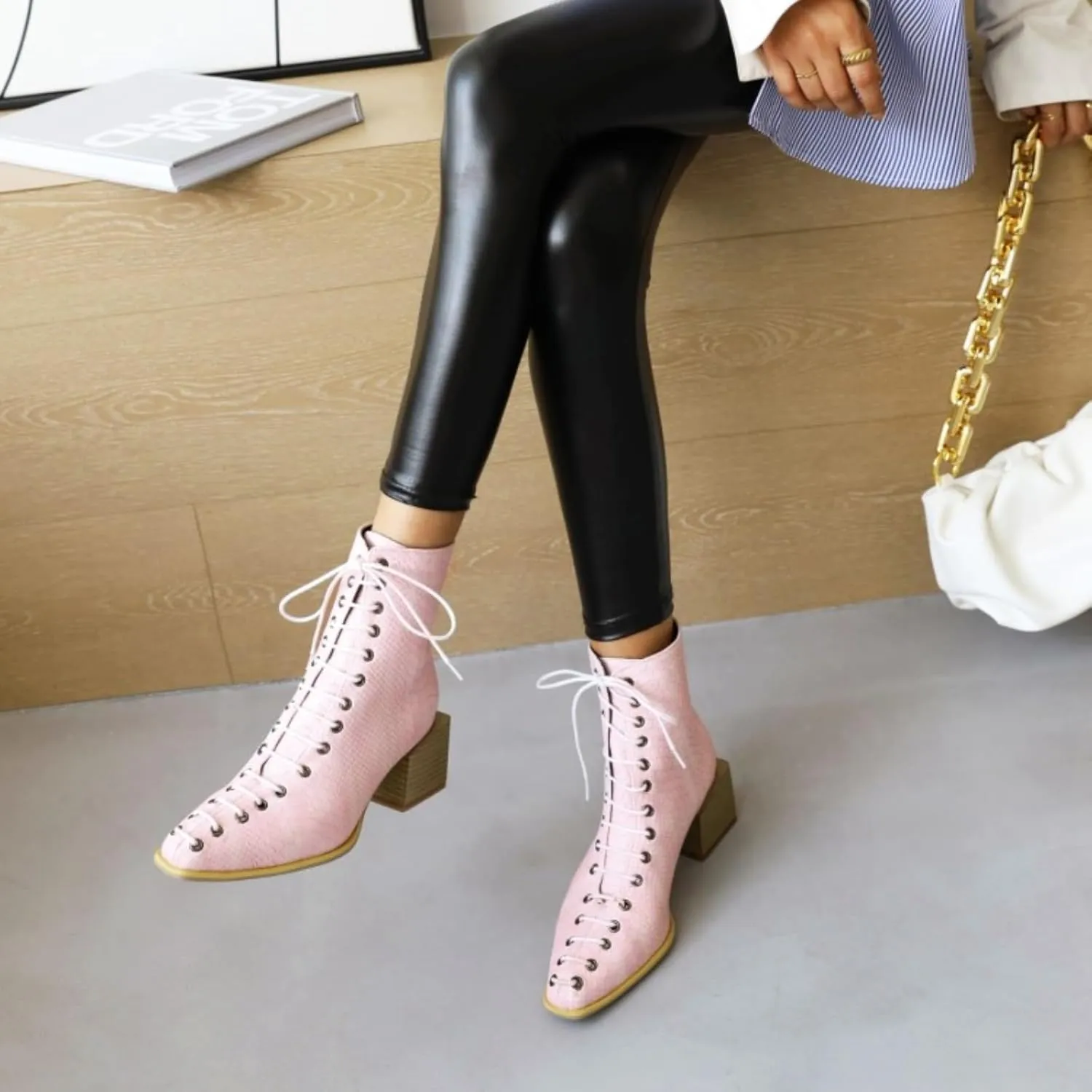 Aflngle Women's Fashion Ankle Boots Square Closed Toe Snakeskin Print Front Lace Up Low Chunky Heel Block Combat Booties