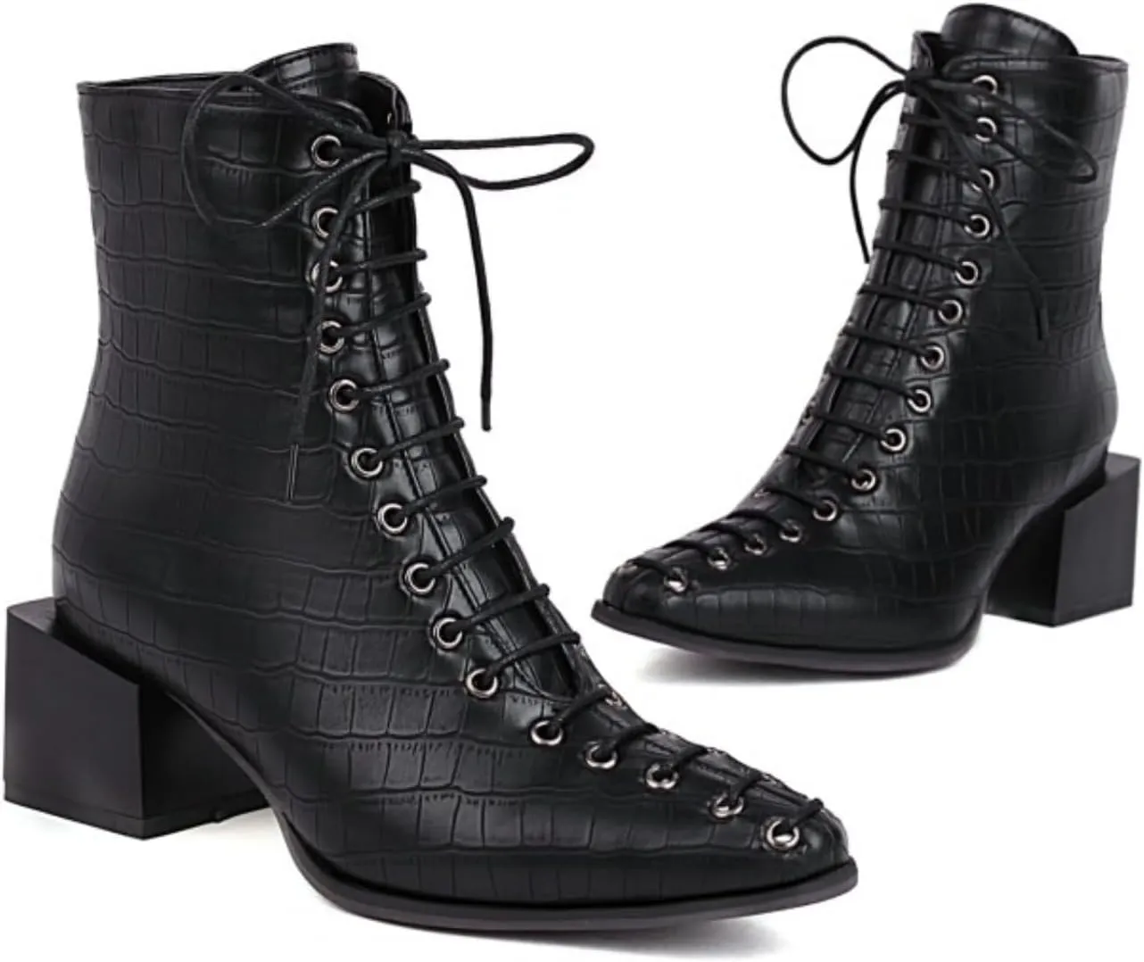 Aflngle Women's Fashion Ankle Boots Square Closed Toe Snakeskin Print Front Lace Up Low Chunky Heel Block Combat Booties
