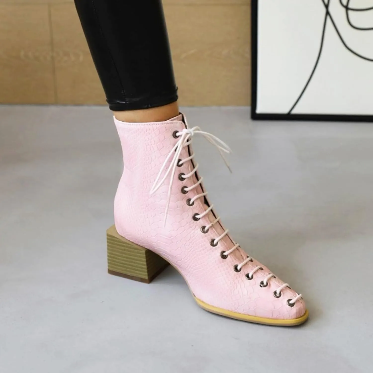 Aflngle Women's Fashion Ankle Boots Square Closed Toe Snakeskin Print Front Lace Up Low Chunky Heel Block Combat Booties
