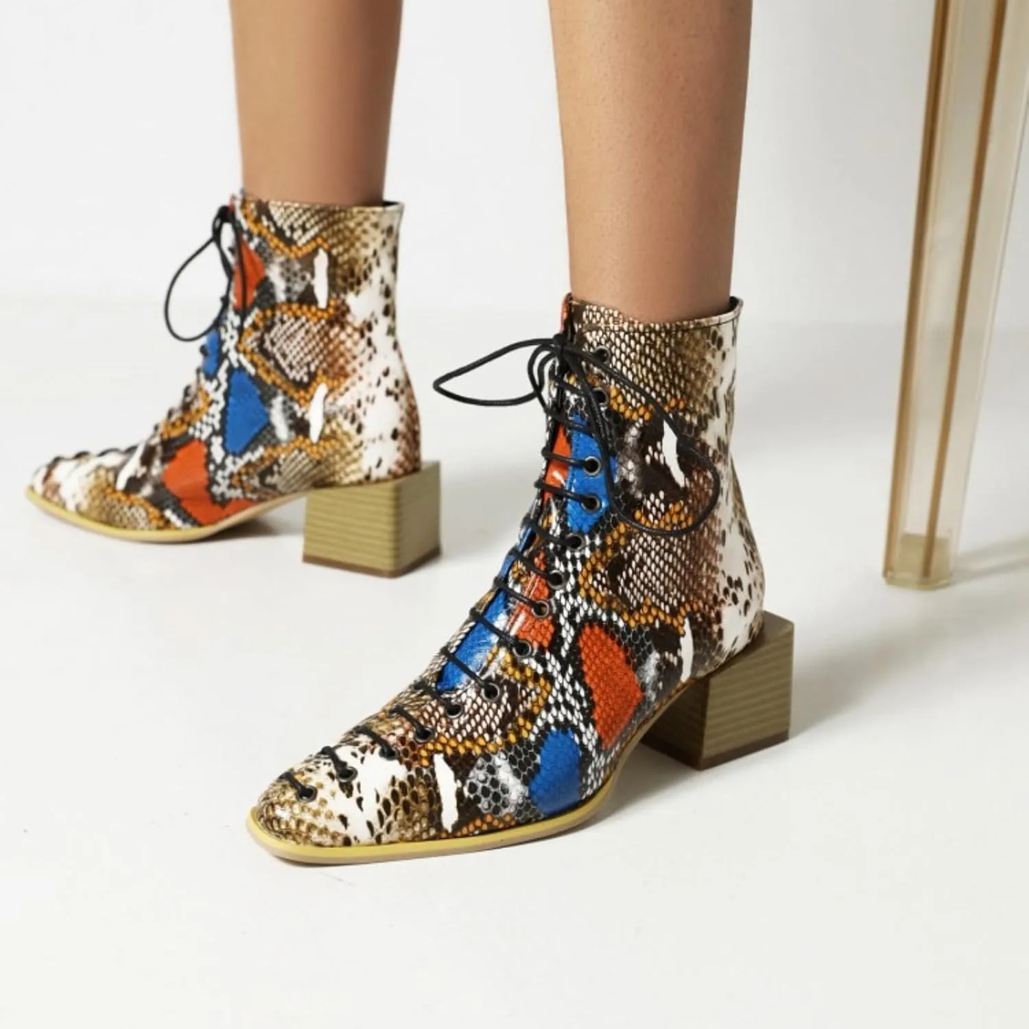 Aflngle Women's Fashion Ankle Boots Square Closed Toe Snakeskin Print Front Lace Up Low Chunky Heel Block Combat Booties
