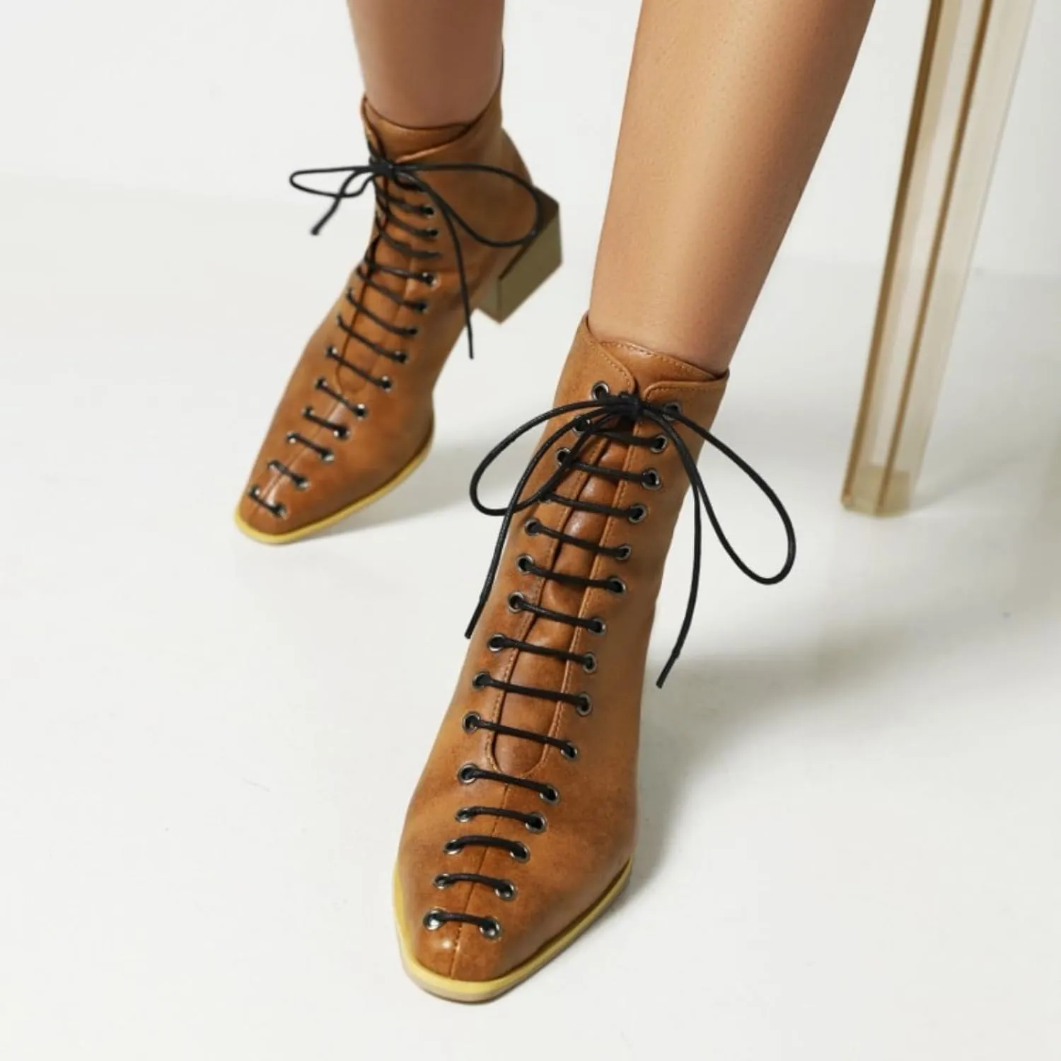 Aflngle Women's Fashion Ankle Boots Square Closed Toe Snakeskin Print Front Lace Up Low Chunky Heel Block Combat Booties