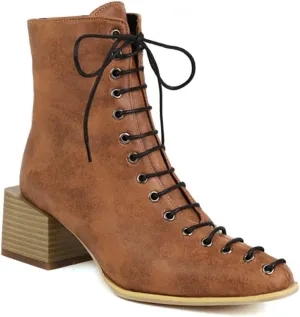 Aflngle Women's Fashion Ankle Boots Square Closed Toe Snakeskin Print Front Lace Up Low Chunky Heel Block Combat Booties