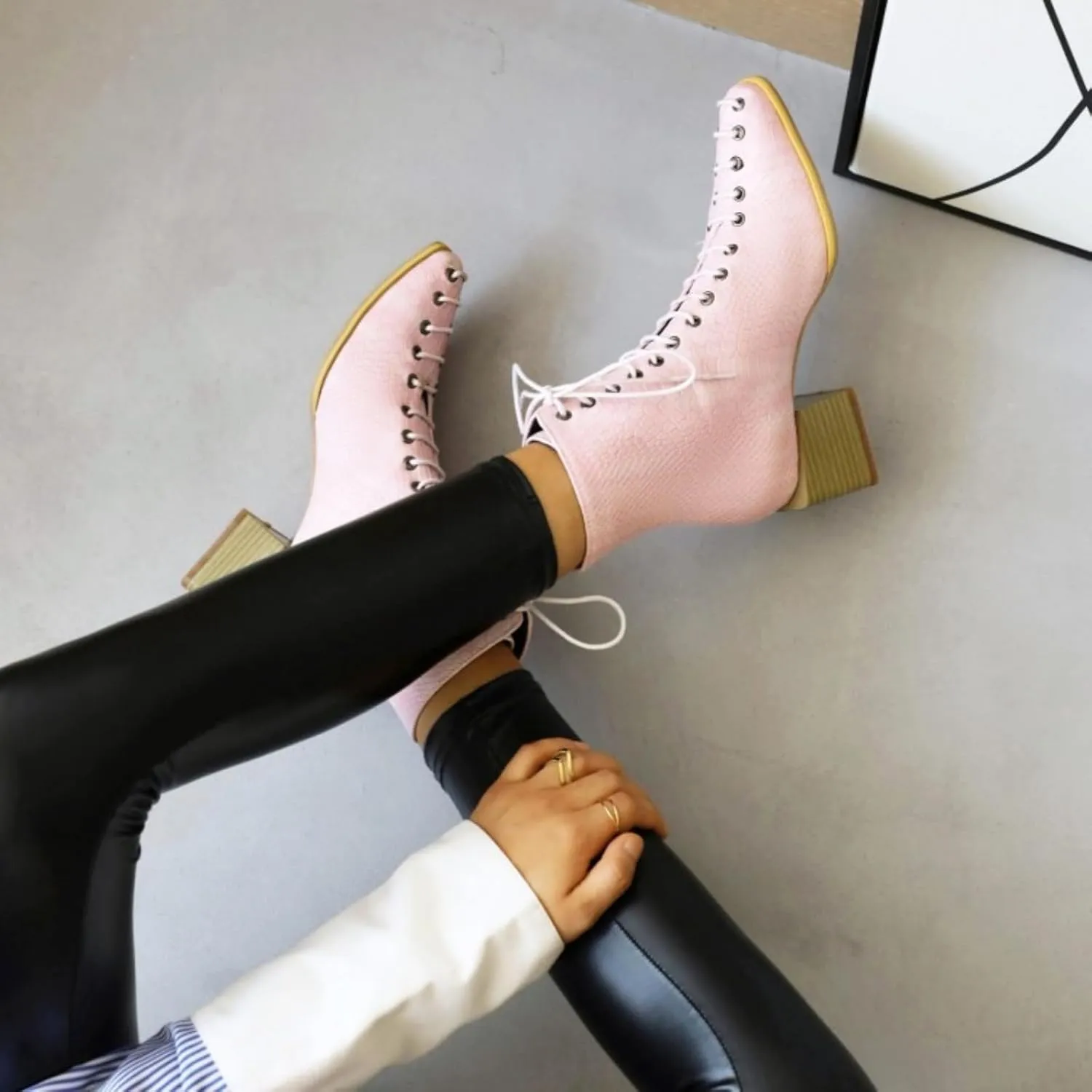 Aflngle Women's Fashion Ankle Boots Square Closed Toe Snakeskin Print Front Lace Up Low Chunky Heel Block Combat Booties