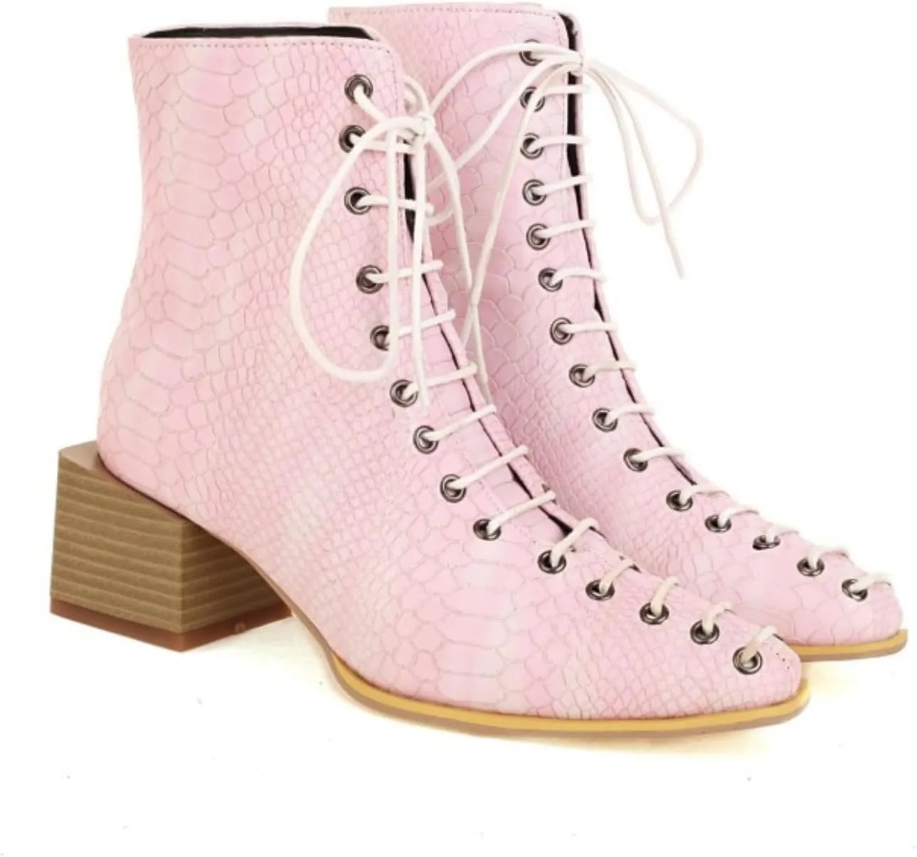 Aflngle Women's Fashion Ankle Boots Square Closed Toe Snakeskin Print Front Lace Up Low Chunky Heel Block Combat Booties