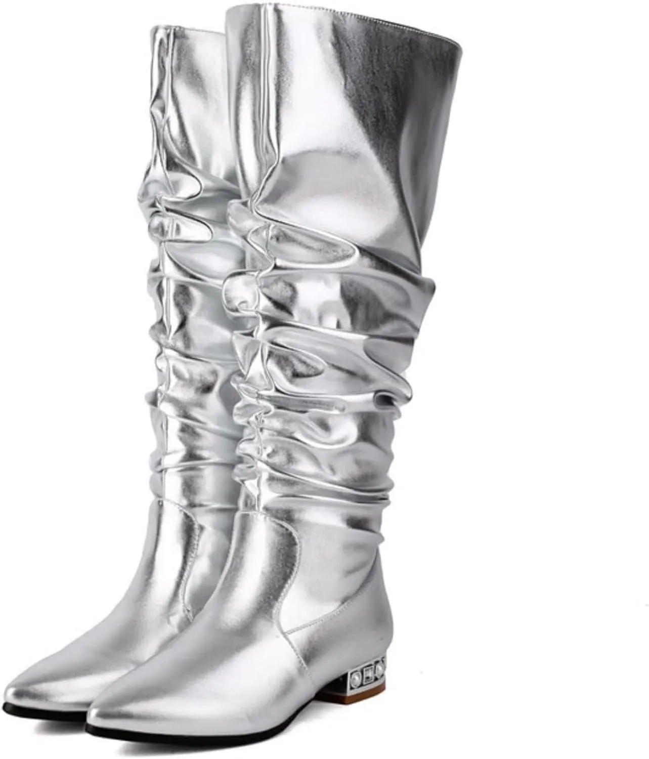 Aflngle Women's Sexy Pointed Toe Knee High Boots Denim Slouchy Low Block Heels Flats Thigh High Boots Fashion Pleated Wide Calf Tall Booties