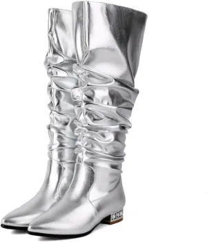 Aflngle Women's Sexy Pointed Toe Knee High Boots Denim Slouchy Low Block Heels Flats Thigh High Boots Fashion Pleated Wide Calf Tall Booties