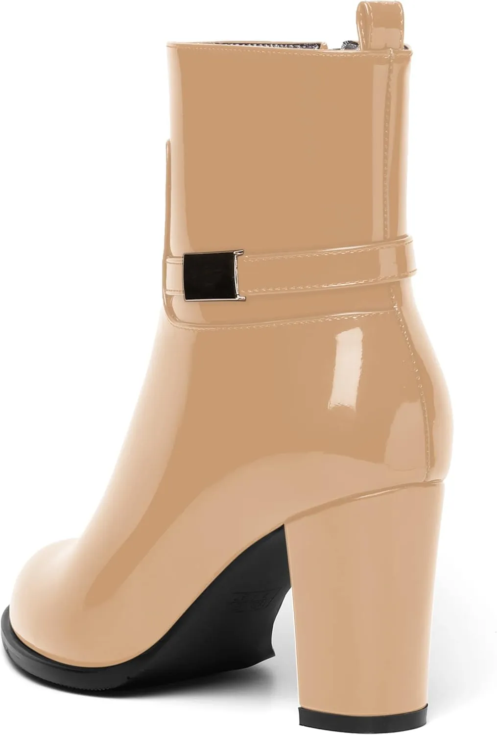 AMBELIGHT Womens Patent Zip Dress Boots Casual Round Toe Chunky High Heel Ankle High Boots 3.3 Inch