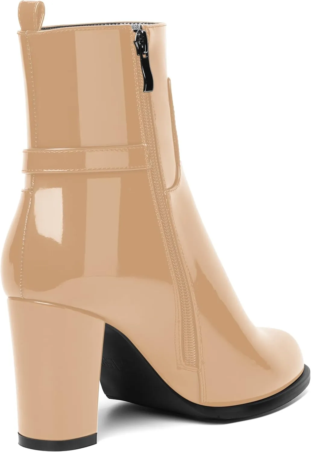 AMBELIGHT Womens Patent Zip Dress Boots Casual Round Toe Chunky High Heel Ankle High Boots 3.3 Inch