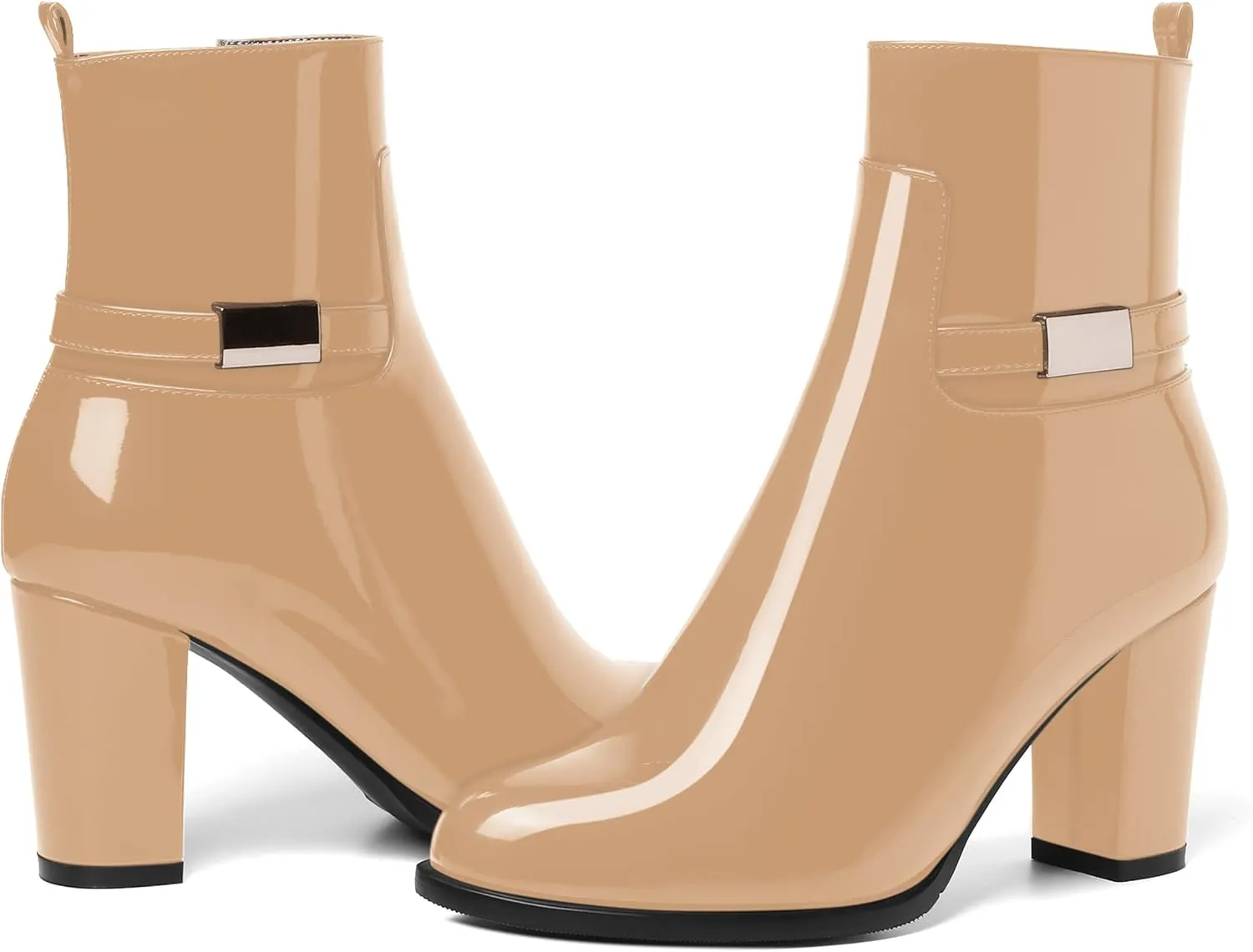 AMBELIGHT Womens Patent Zip Dress Boots Casual Round Toe Chunky High Heel Ankle High Boots 3.3 Inch