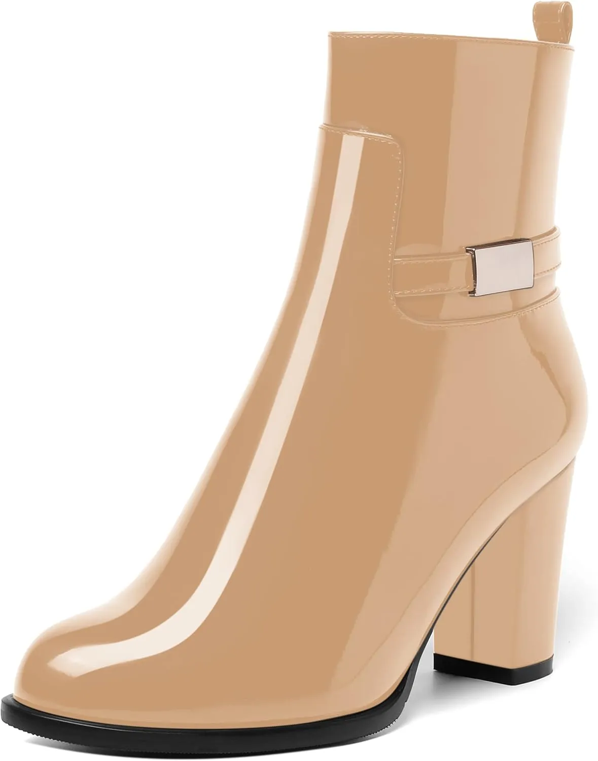 AMBELIGHT Womens Patent Zip Dress Boots Casual Round Toe Chunky High Heel Ankle High Boots 3.3 Inch