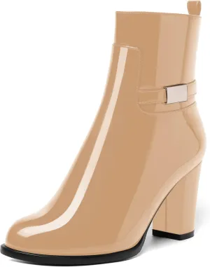 AMBELIGHT Womens Patent Zip Dress Boots Casual Round Toe Chunky High Heel Ankle High Boots 3.3 Inch