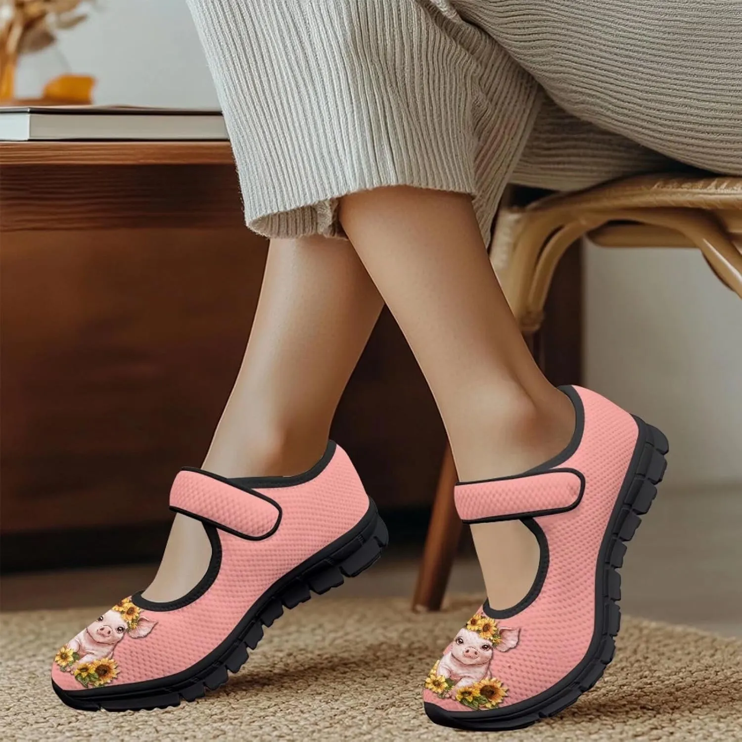 Animals Print Mary Jane Sneakers Women's Walking Shoes Stylish Lady Breathable Adjustable Working Flat Shoes