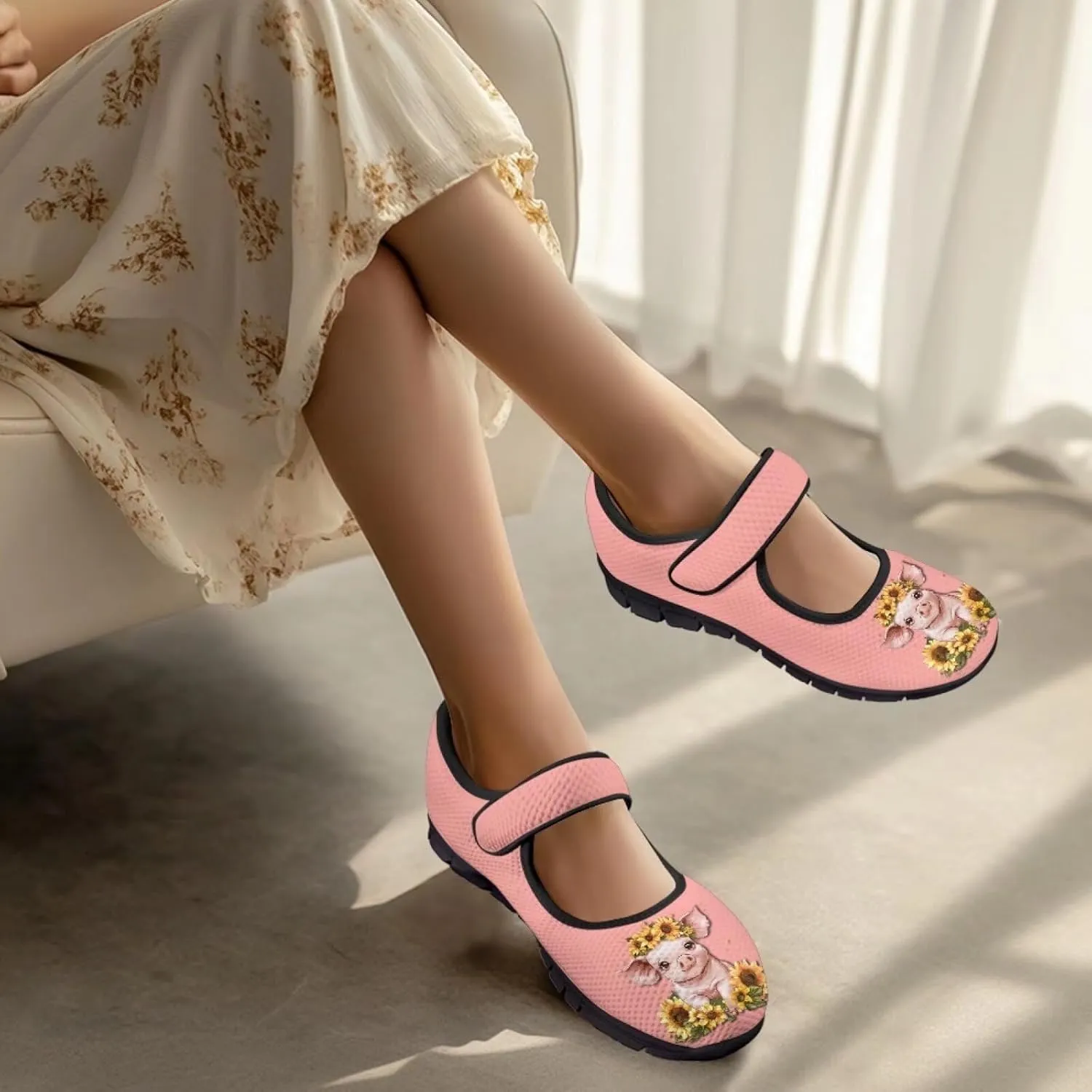 Animals Print Mary Jane Sneakers Women's Walking Shoes Stylish Lady Breathable Adjustable Working Flat Shoes