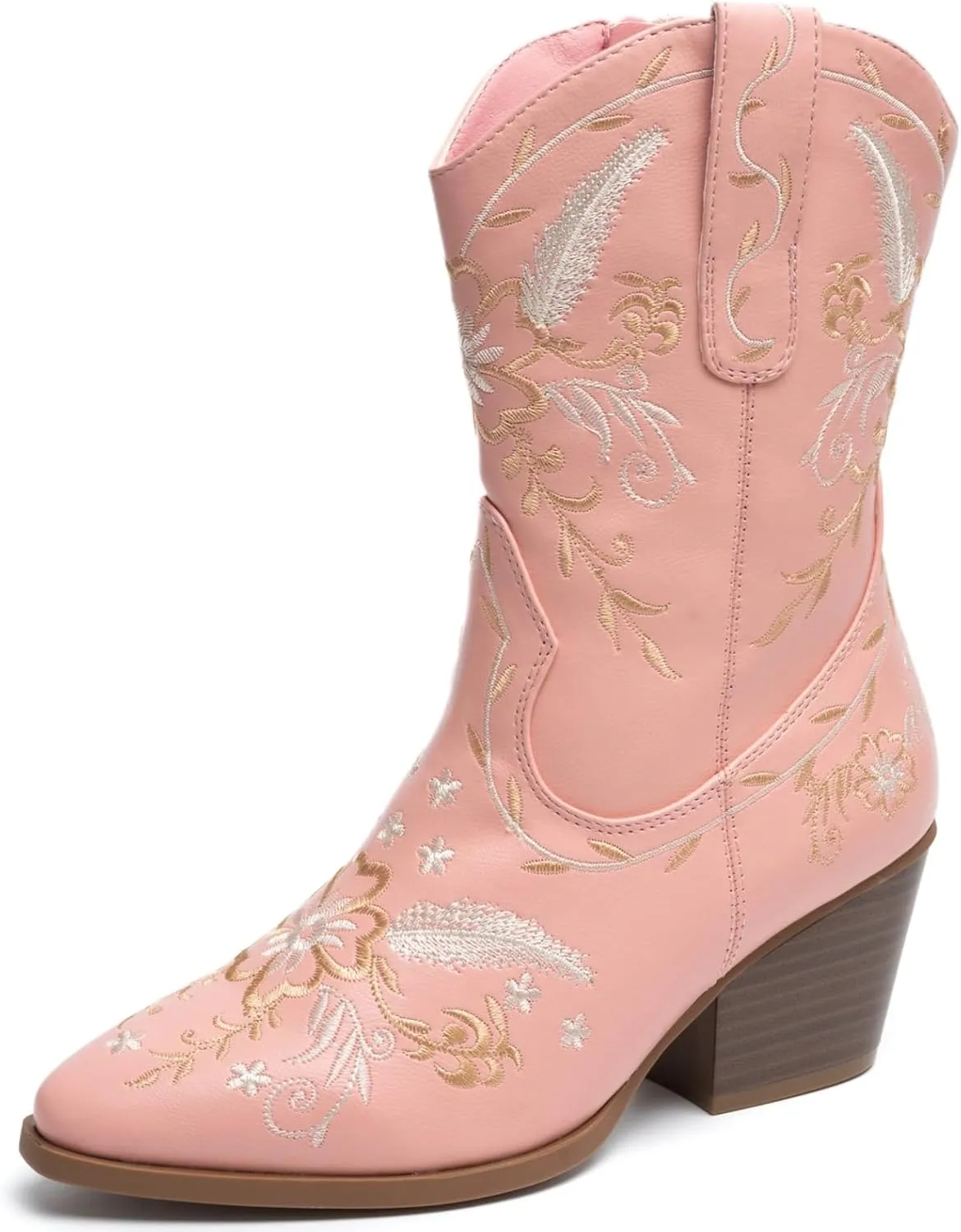 ANJOUFEMME Western Women's Cowboy Cowgirl Boots,Embroidered Round-toe Mid-calf Boots