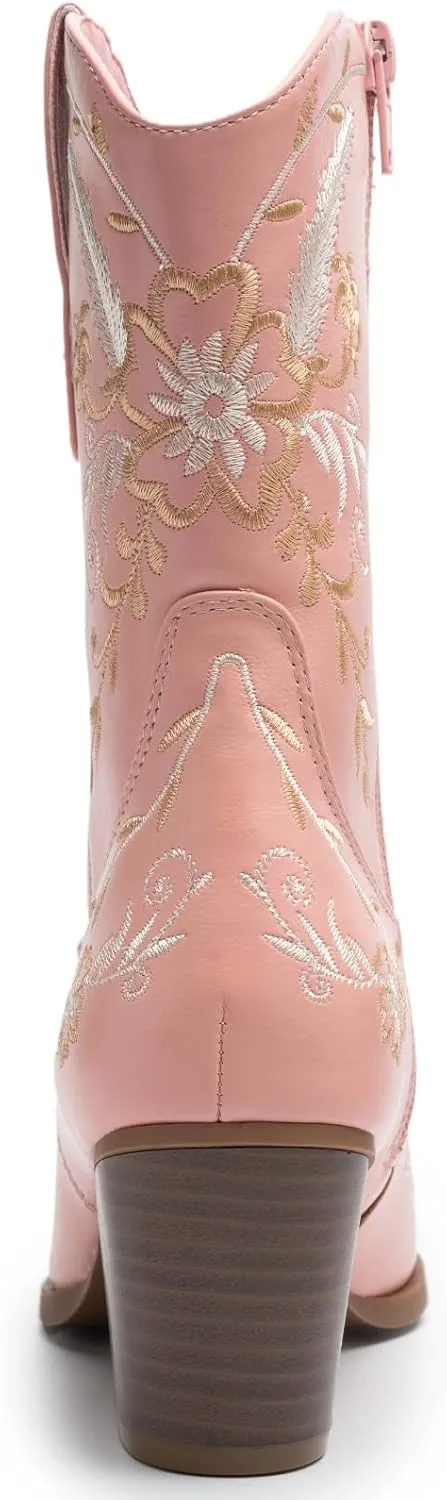 ANJOUFEMME Western Women's Cowboy Cowgirl Boots,Embroidered Round-toe Mid-calf Boots