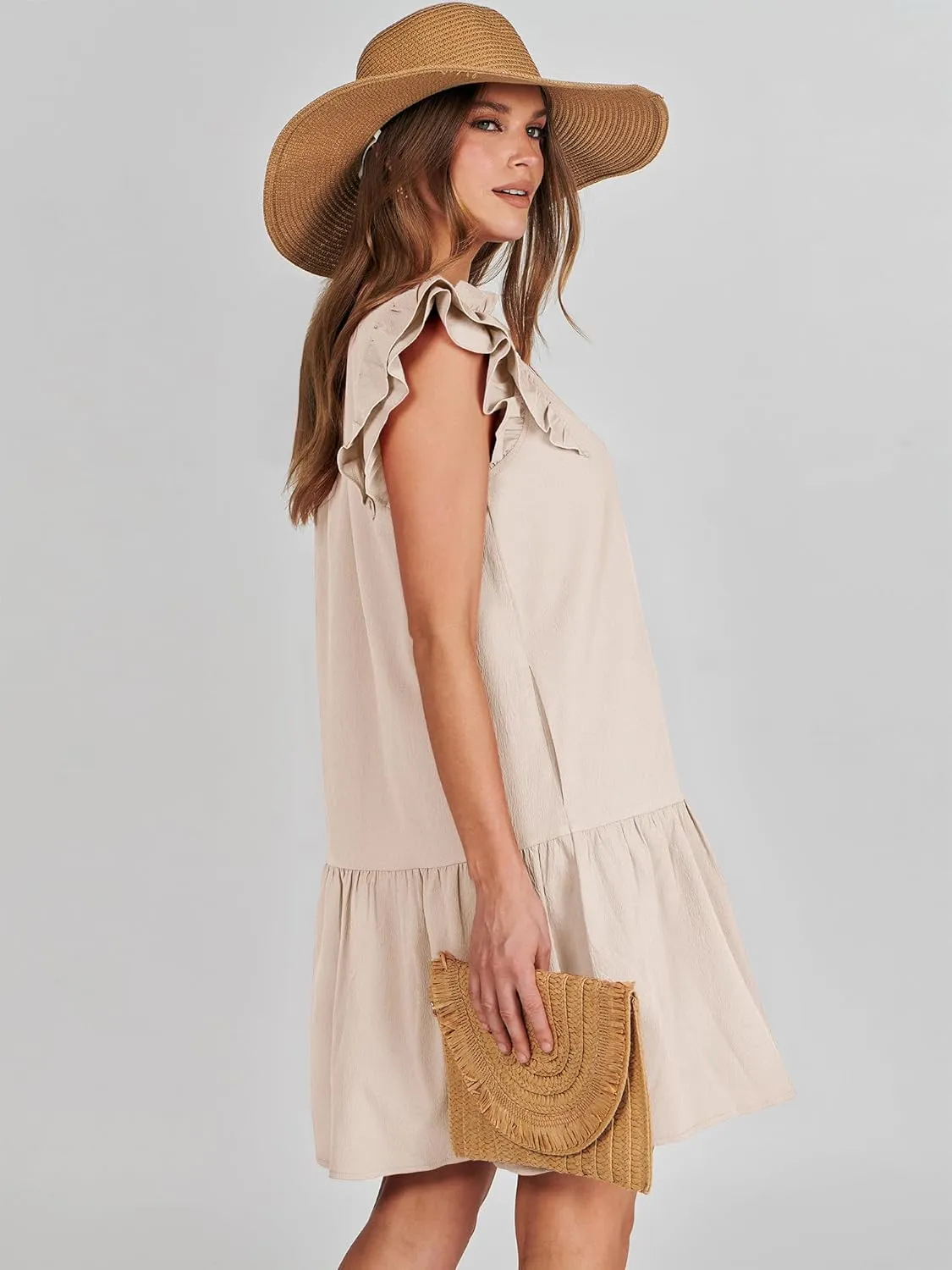 ANRABESS Womens Summer V-Neck Drawstring Ruffle Cap Short Sleeve Casual Shift Mini Dress with Pockets