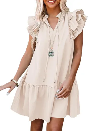 ANRABESS Womens Summer V-Neck Drawstring Ruffle Cap Short Sleeve Casual Shift Mini Dress with Pockets