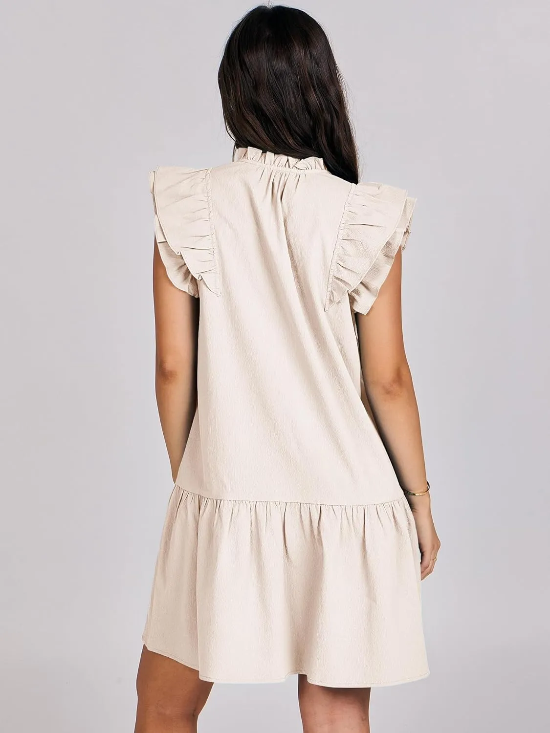 ANRABESS Womens Summer V-Neck Drawstring Ruffle Cap Short Sleeve Casual Shift Mini Dress with Pockets