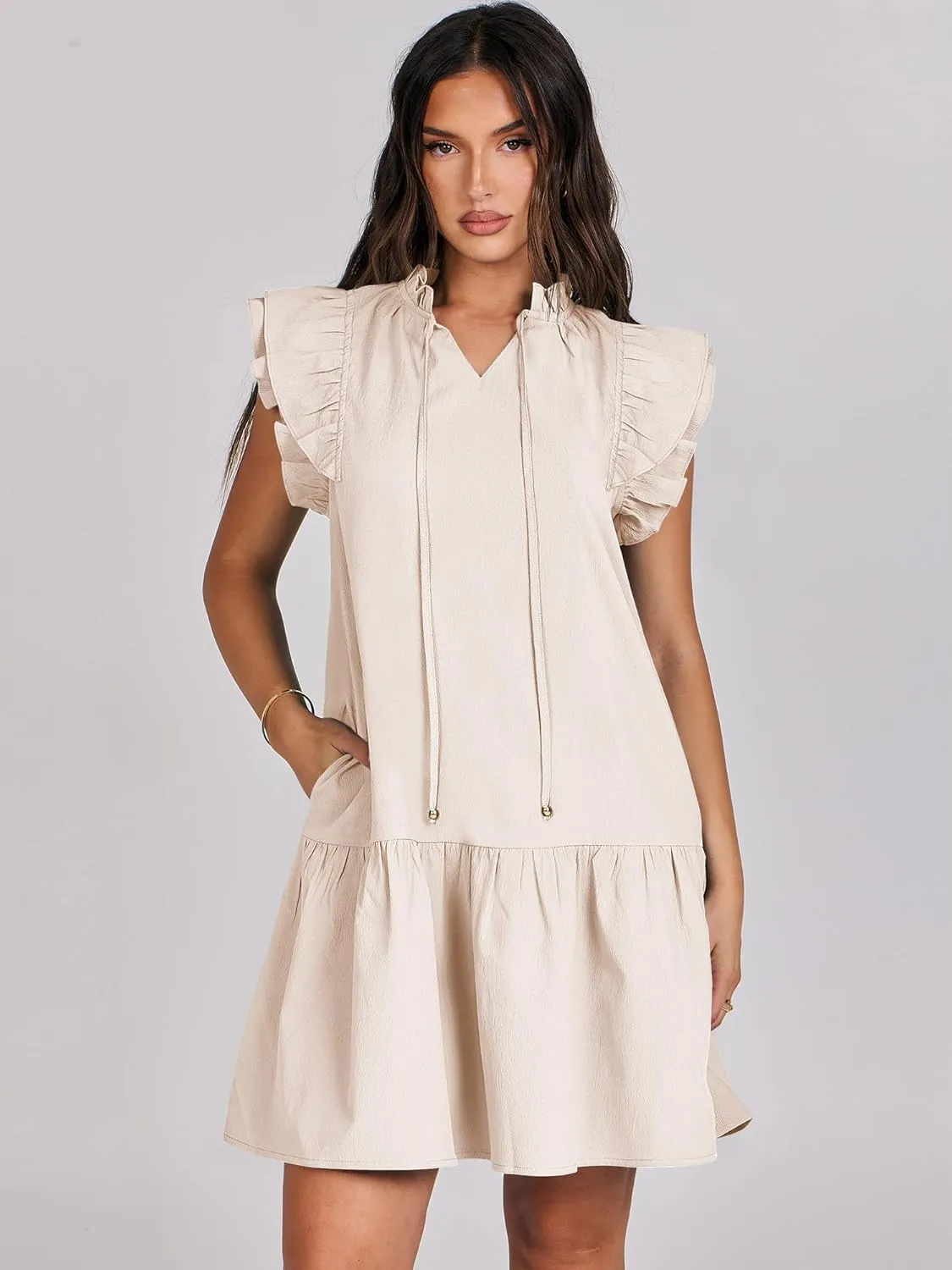 ANRABESS Womens Summer V-Neck Drawstring Ruffle Cap Short Sleeve Casual Shift Mini Dress with Pockets