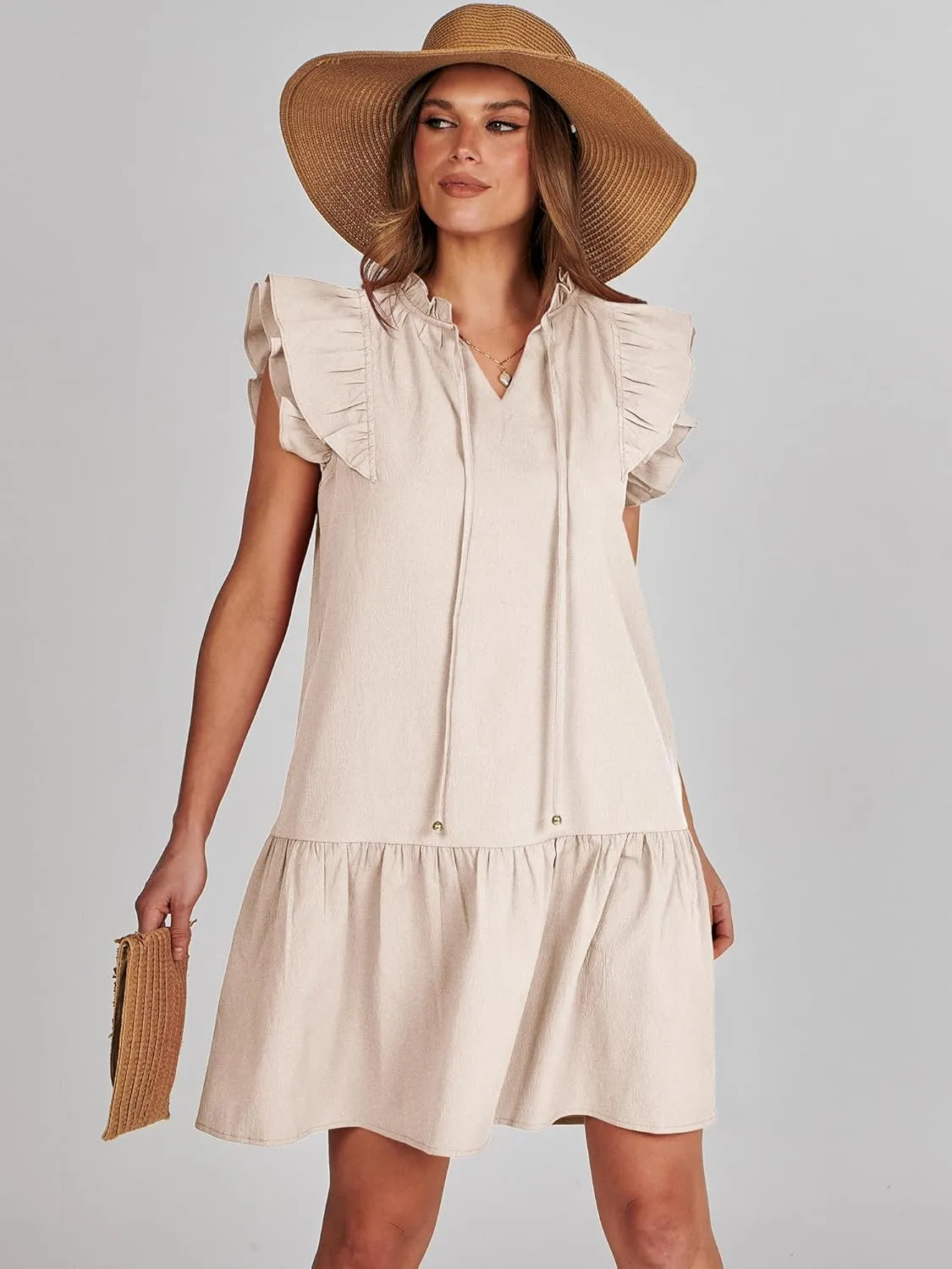 ANRABESS Womens Summer V-Neck Drawstring Ruffle Cap Short Sleeve Casual Shift Mini Dress with Pockets