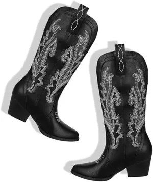 AOSPHIRAYLIAN Cowboy Boots for Women Retro Pointed Toe Pull On Block Chunky Heel Glitter Sparkly Metallic Embroidecamel Country Concert Outfits Calf Western Cowgirl Boots