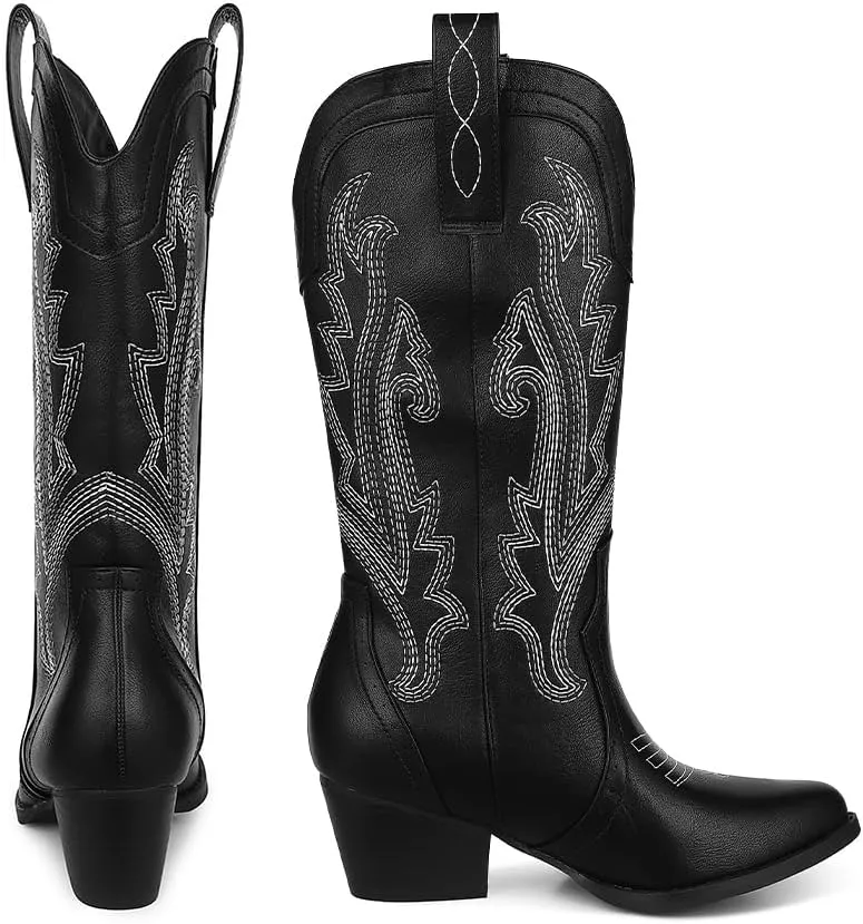 AOSPHIRAYLIAN Cowboy Boots for Women Retro Pointed Toe Pull On Block Chunky Heel Glitter Sparkly Metallic Embroidecamel Country Concert Outfits Calf Western Cowgirl Boots