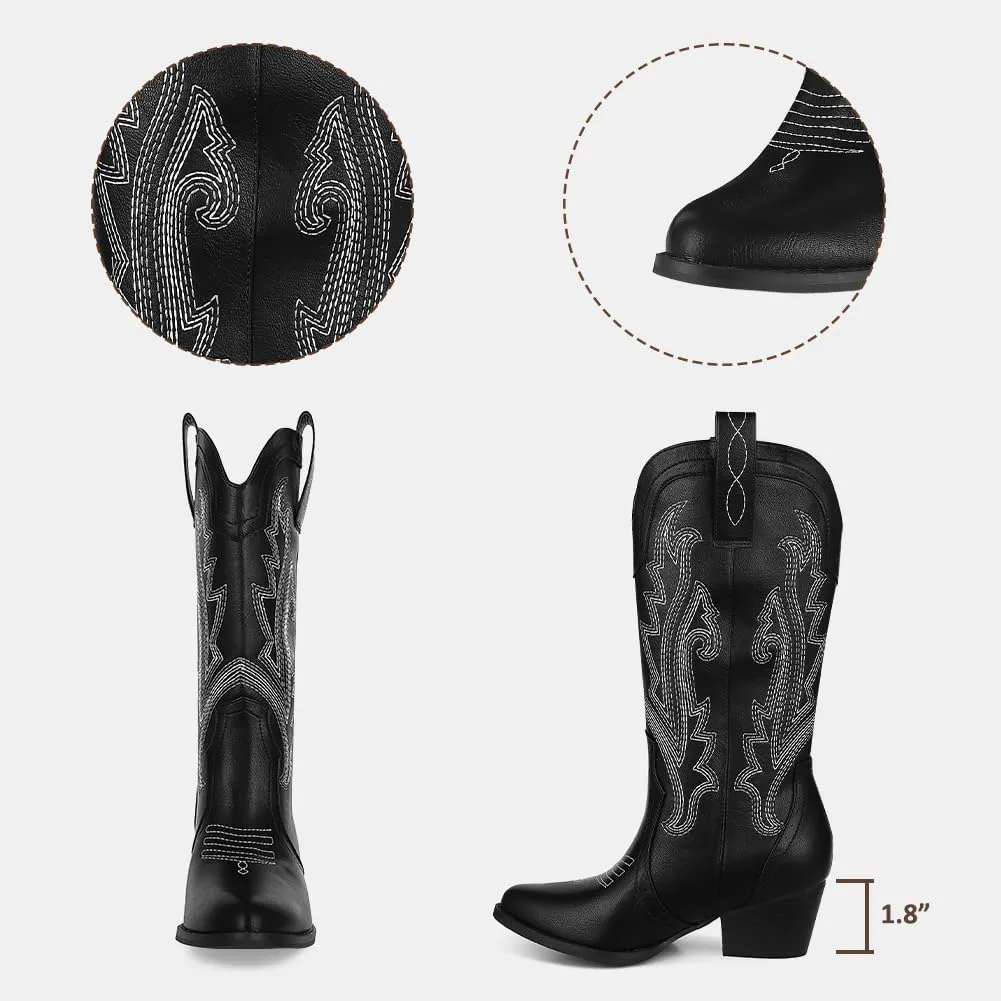 AOSPHIRAYLIAN Cowboy Boots for Women Retro Pointed Toe Pull On Block Chunky Heel Glitter Sparkly Metallic Embroidecamel Country Concert Outfits Calf Western Cowgirl Boots