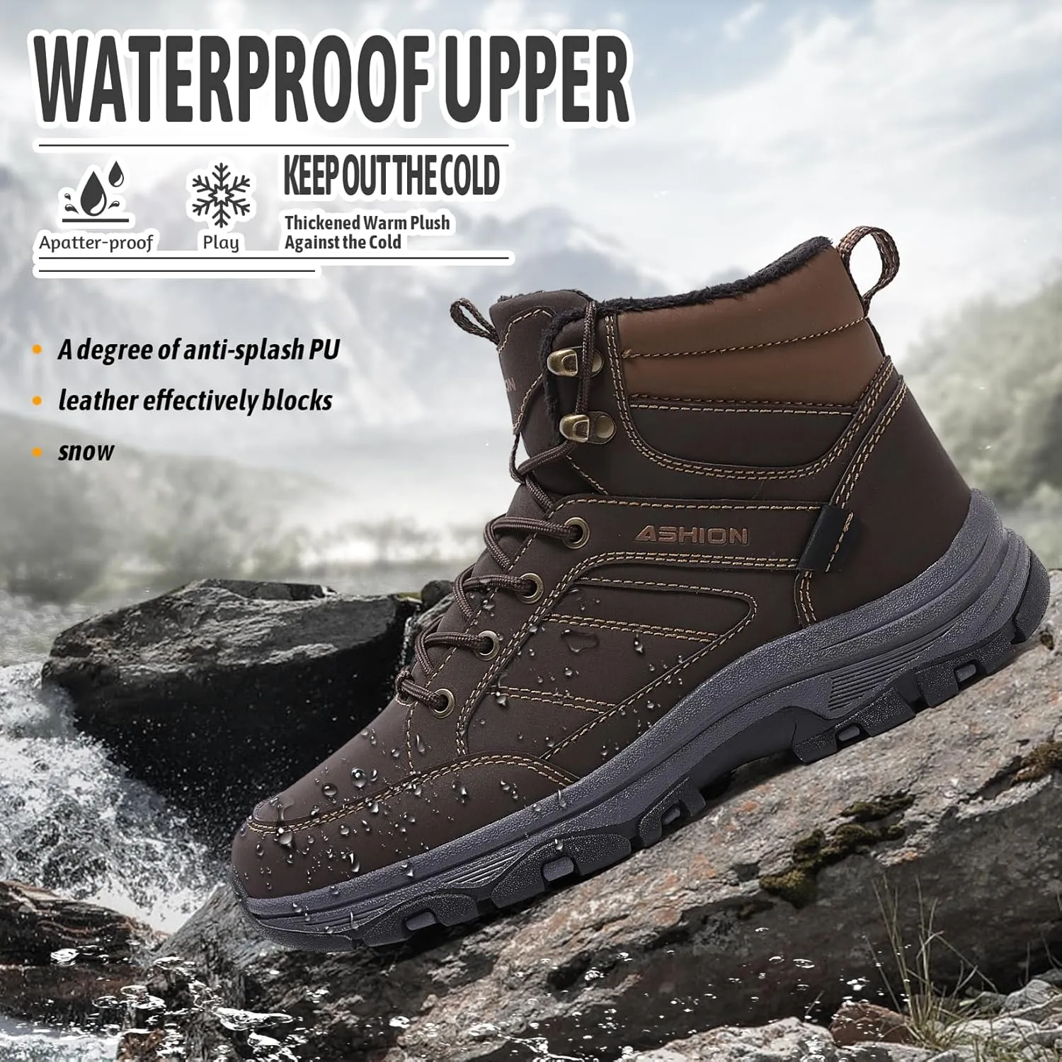 ASHION Mens Snow Boots Barefoot Winter Shoes Hiking Footwear Fur Lined Warm Ankle Boots Zero Drop Sole Comfortable Outdoor Walking Shoes Booties