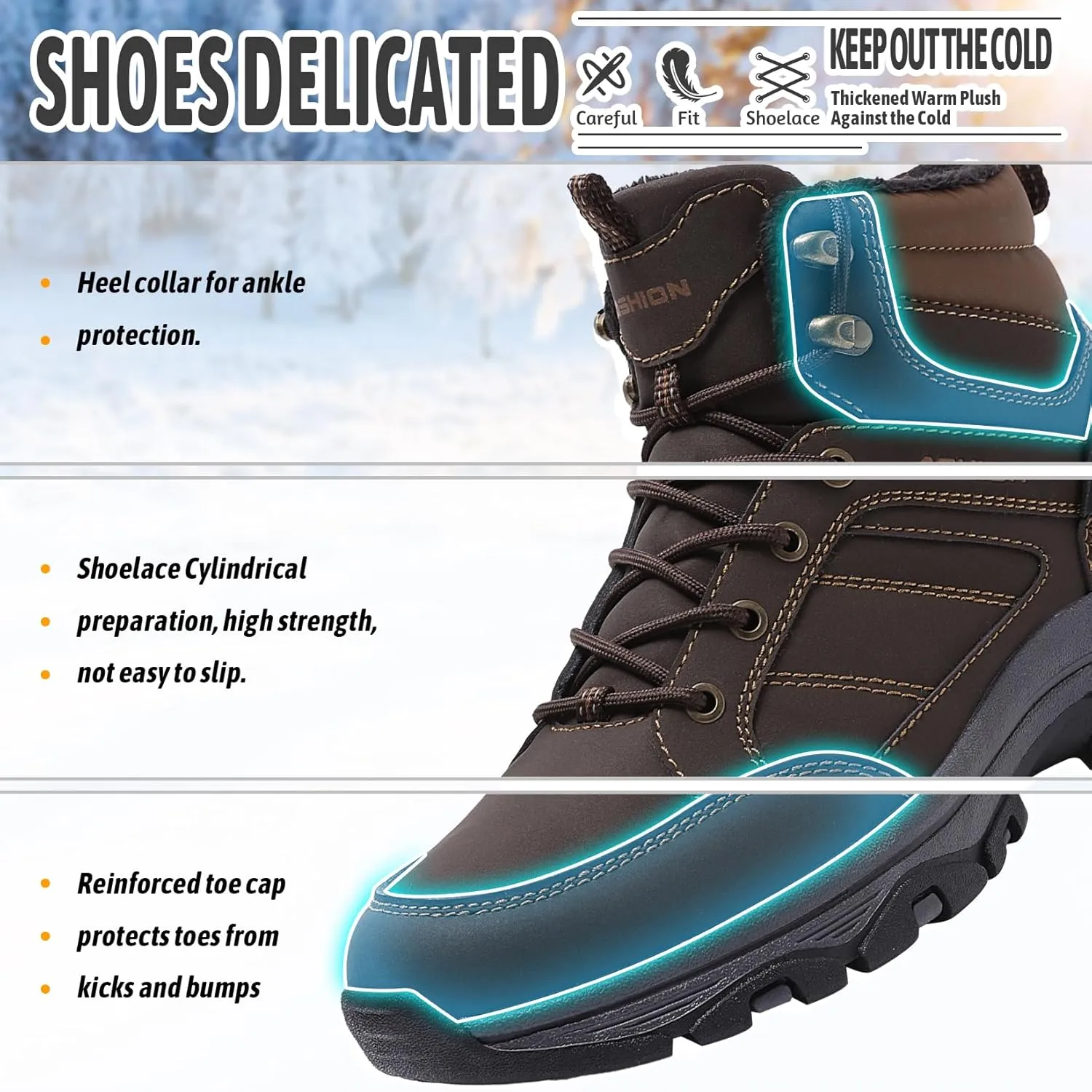 ASHION Mens Snow Boots Barefoot Winter Shoes Hiking Footwear Fur Lined Warm Ankle Boots Zero Drop Sole Comfortable Outdoor Walking Shoes Booties