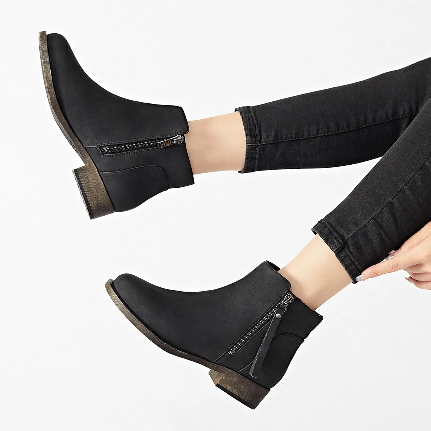 Ataiwee Women's Ankle Boots - Classic Side Zip, Comfortable Platform, Cover with Buckle Strap, Round Toe, Low Chunky Heel Comfort Slip On Fashion (Black/Dark Brown/Grey) Boots.