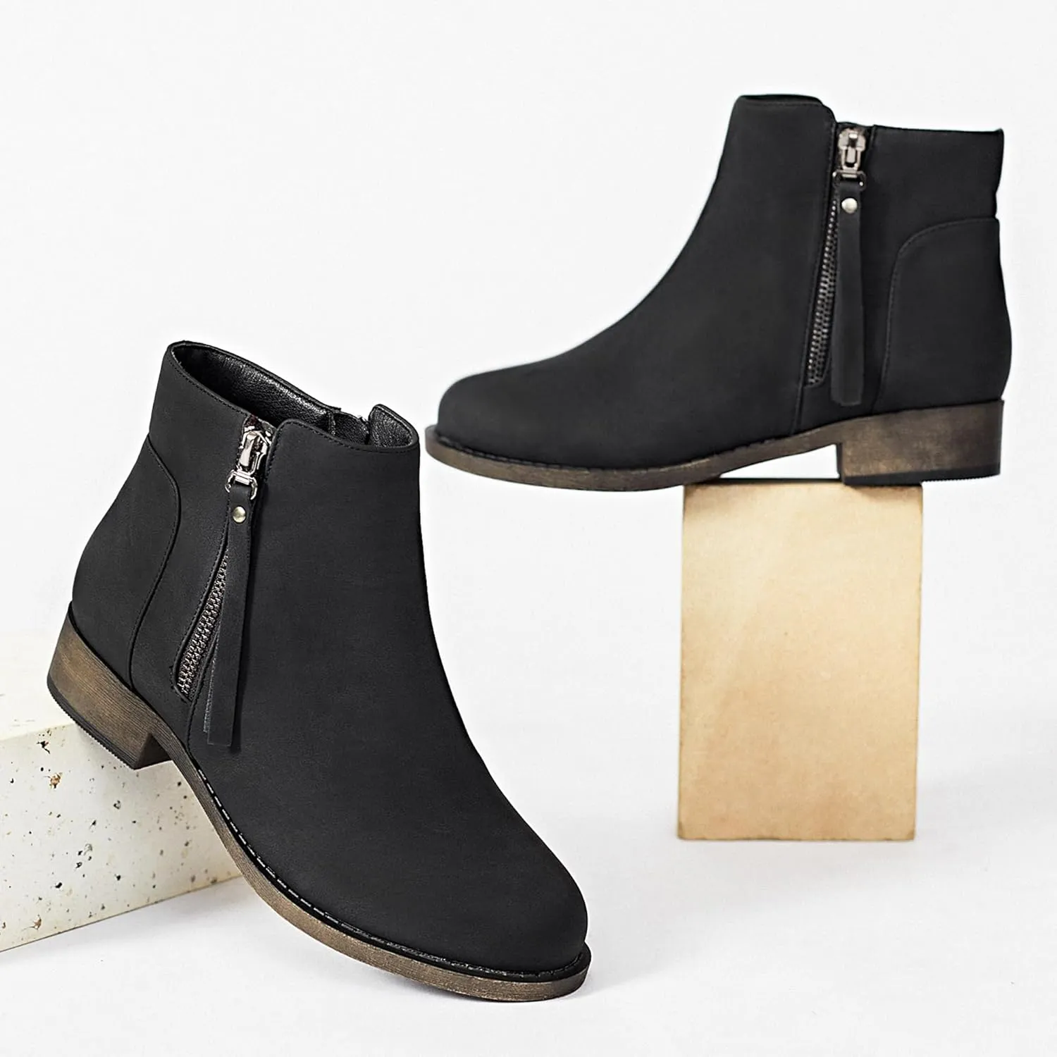 Ataiwee Women's Ankle Boots - Classic Side Zip, Comfortable Platform, Cover with Buckle Strap, Round Toe, Low Chunky Heel Comfort Slip On Fashion (Black/Dark Brown/Grey) Boots.
